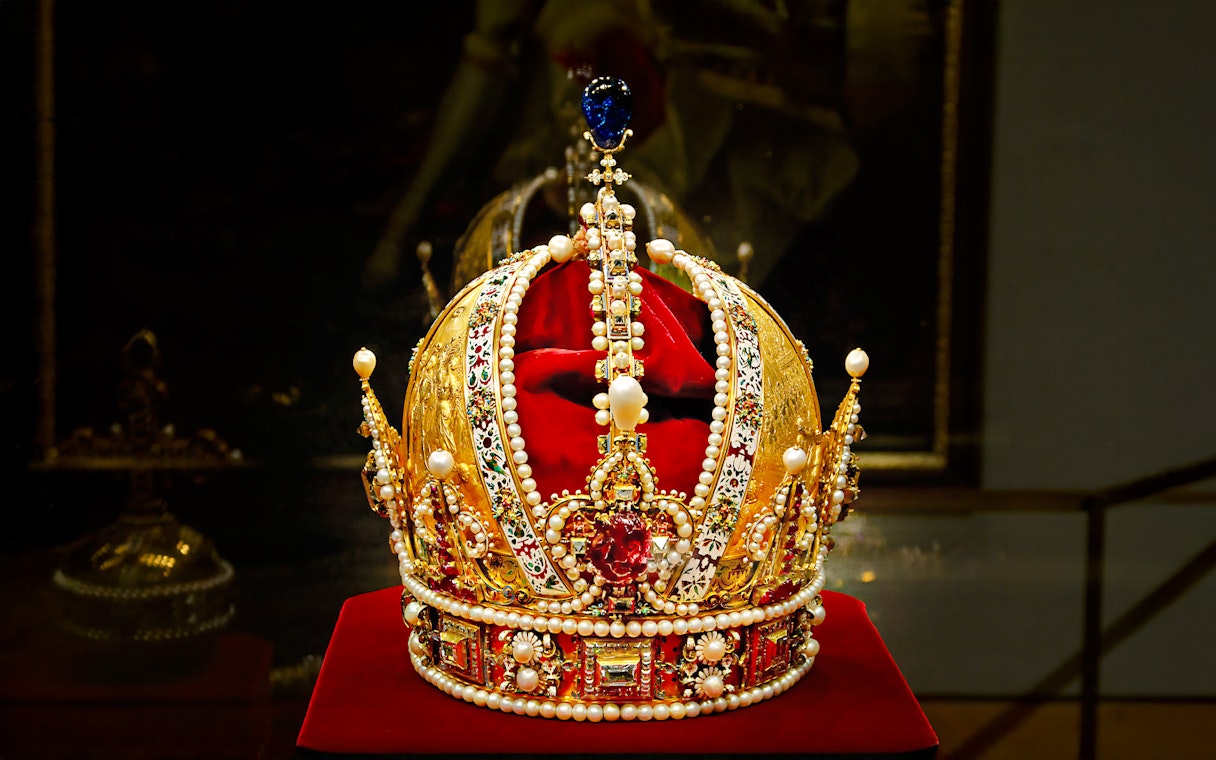 Imperial crown adorned with pearls and jewels at the Imperial Treasury, Vienna.