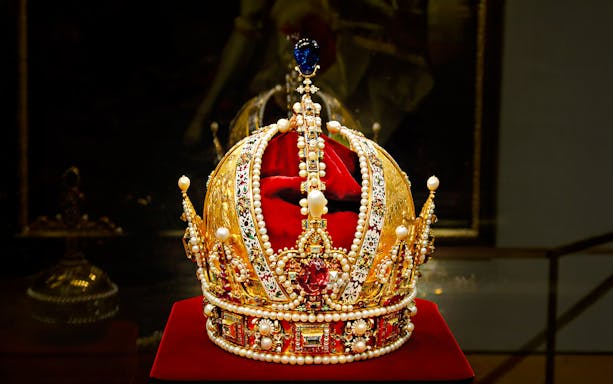 Imperial crown adorned with pearls and jewels at the Imperial Treasury, Vienna.