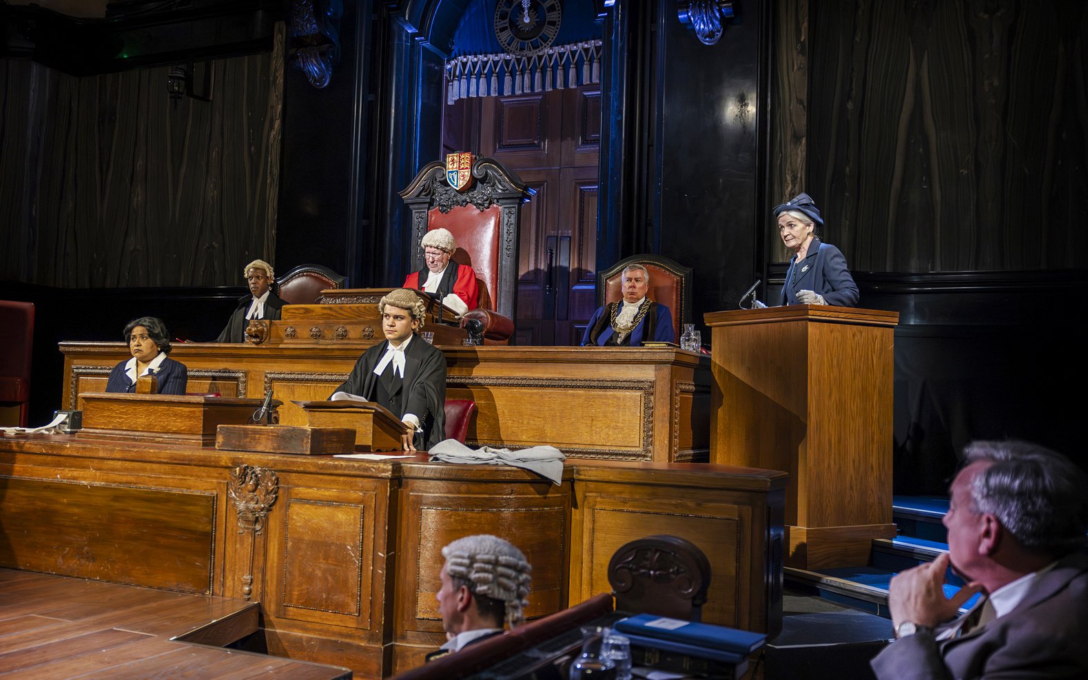 Stage scene from "Witness for the Prosecution" in West End courtroom setting.
