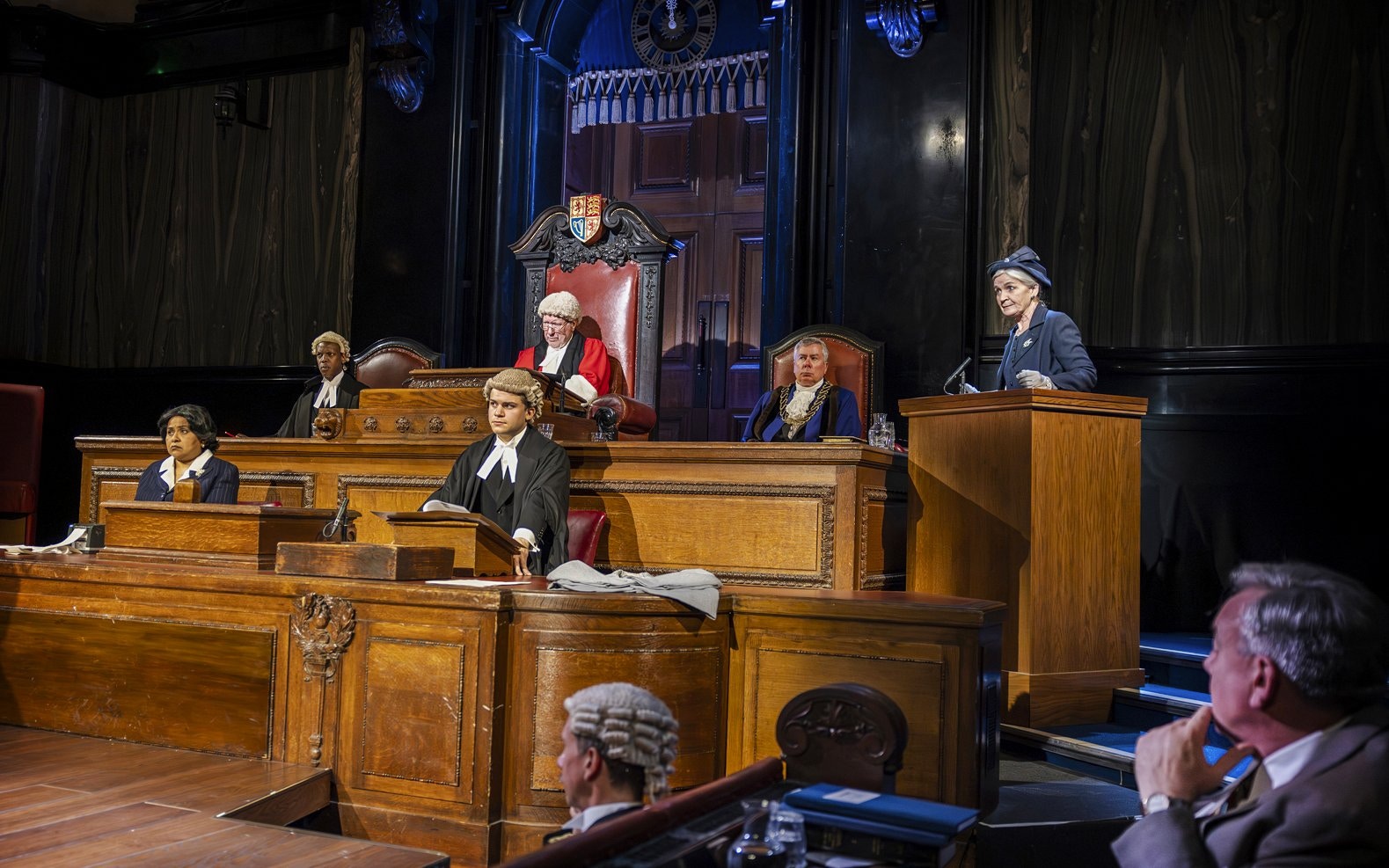 Stage scene from "Witness for the Prosecution" in West End courtroom setting.