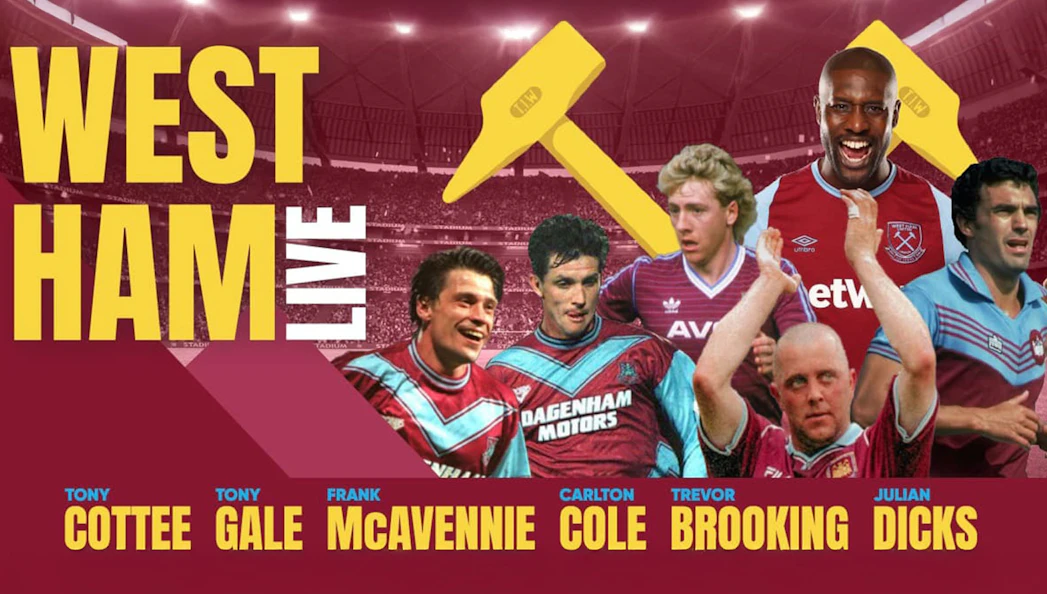 West Ham Legends event poster with football players in team jerseys.