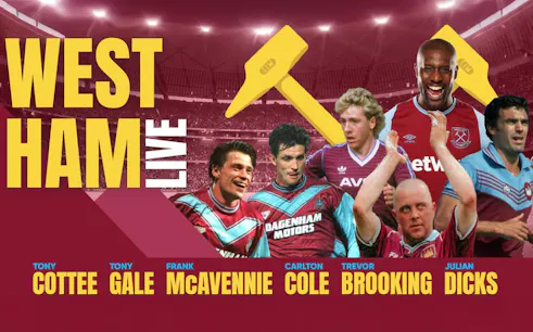 West Ham Legends event poster with football players in team jerseys.