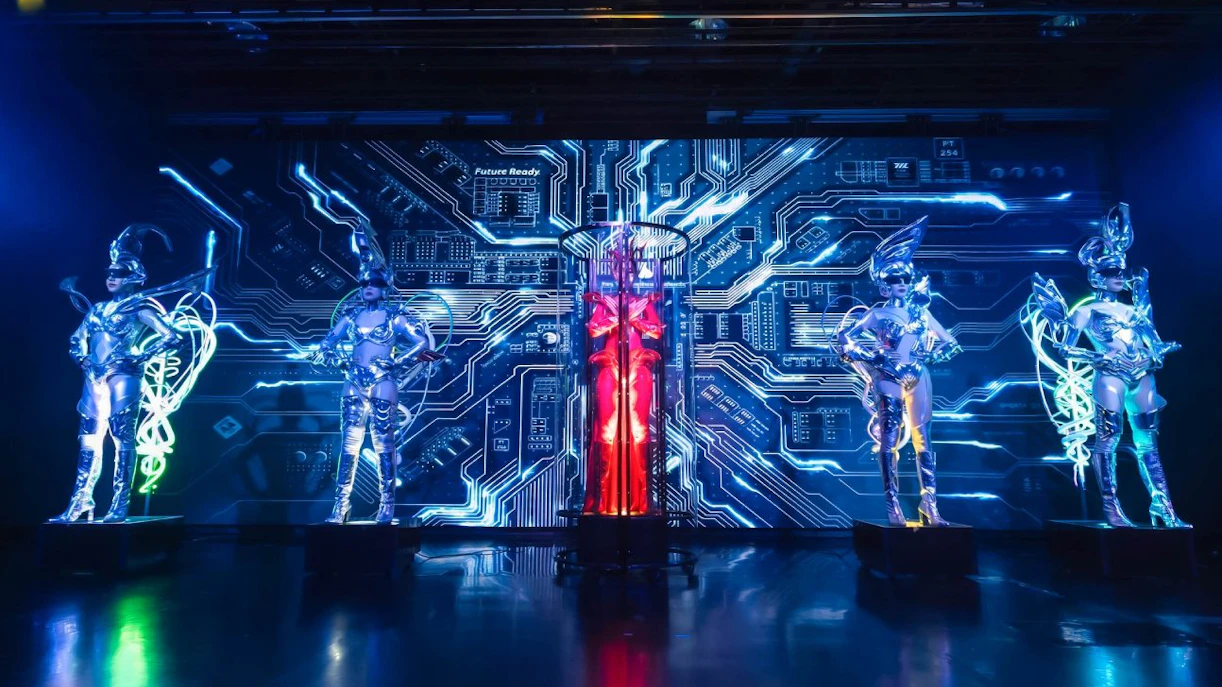 Performers in futuristic costumes at Calypso Cabaret show, Bangkok.