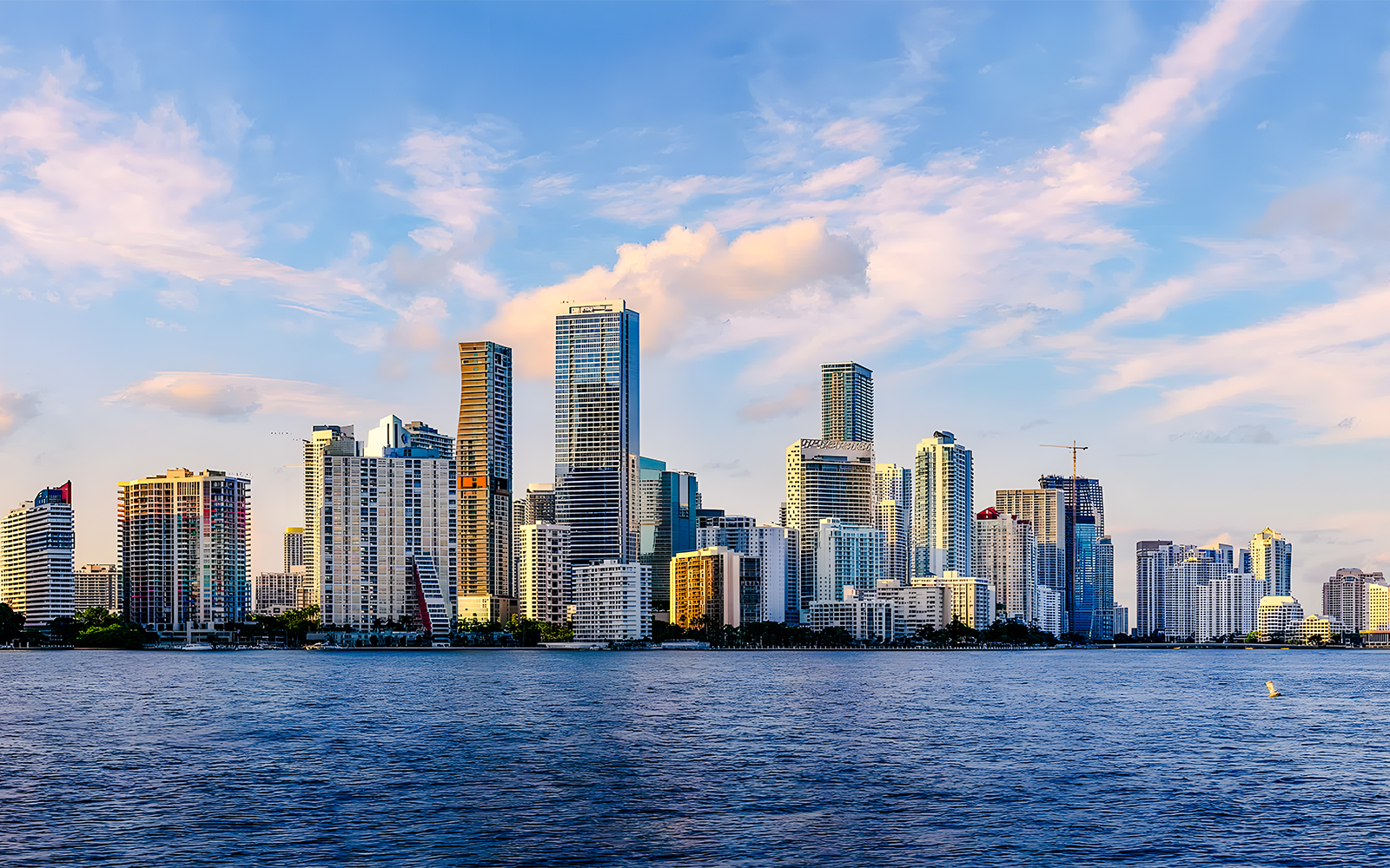 Skyline of Brickell neighborhood in Miami, Florida, viewed from across the water.