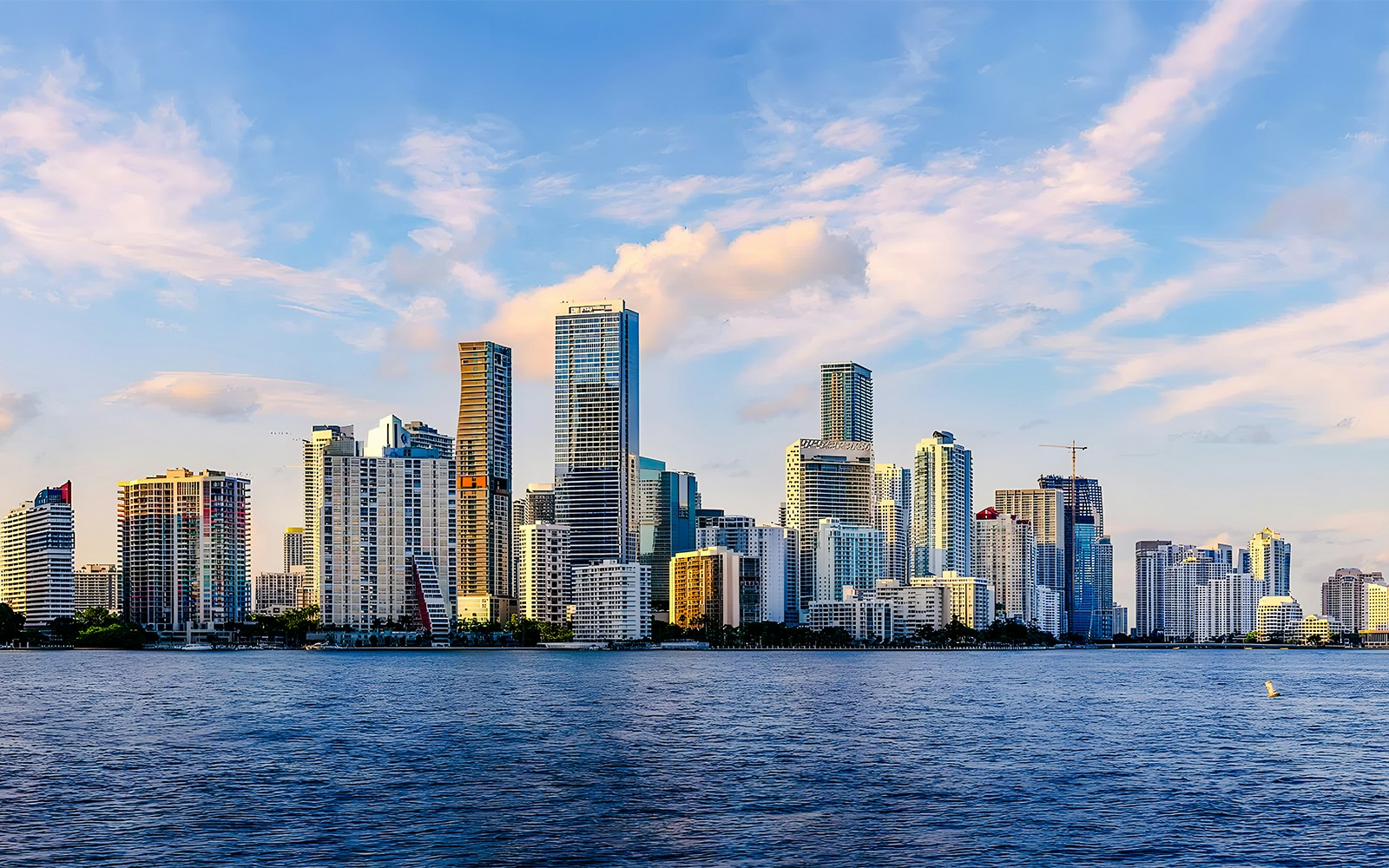 Miami Brickell skyline with high-rise buildings and Biscayne Bay in the foreground.