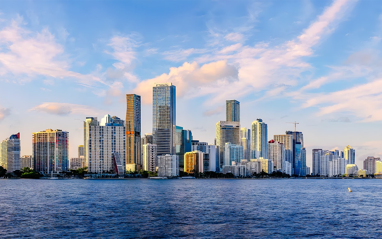 Skyline of Brickell neighborhood in Miami, Florida, viewed from across the water.