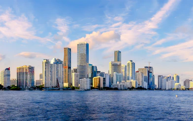 Skyline of Brickell neighborhood in Miami, Florida, viewed from across the water.