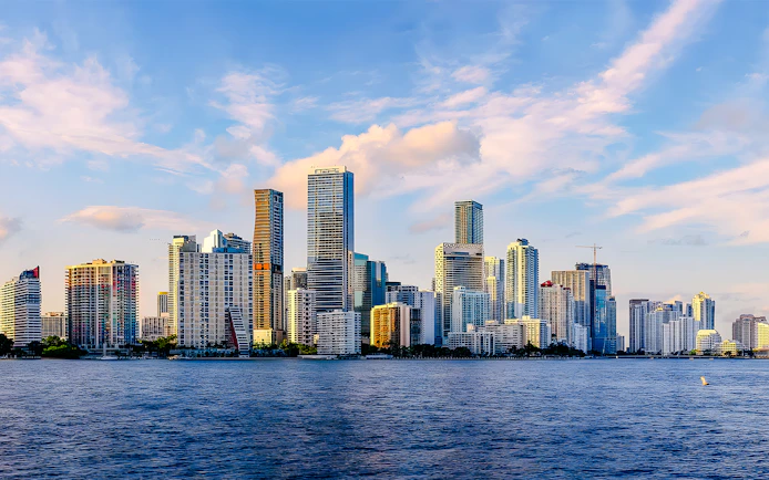 Skyline of Brickell neighborhood in Miami, Florida, viewed from across the water.