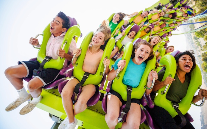 Riders on Medusa roller coaster at Six Flags Discovery Kingdom.