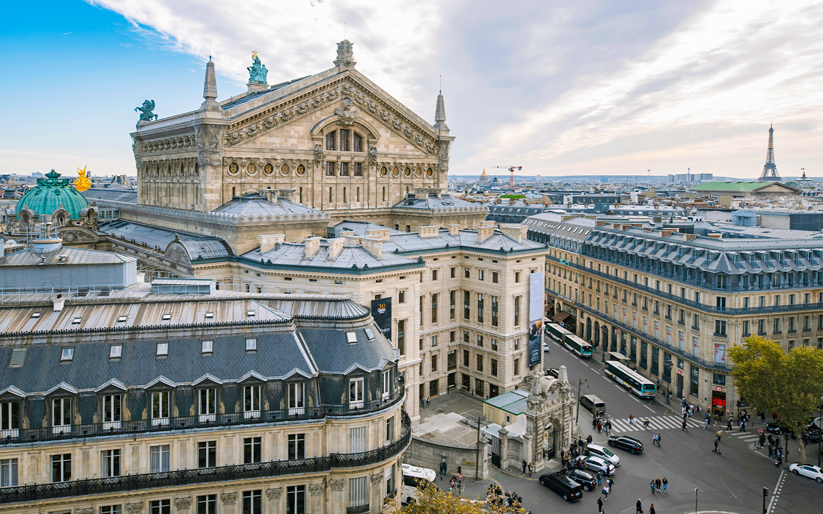 Aerial view of Paris from Galeries Lafayette, featuring the Palais Garnier and Eiffel Tower in the distance.