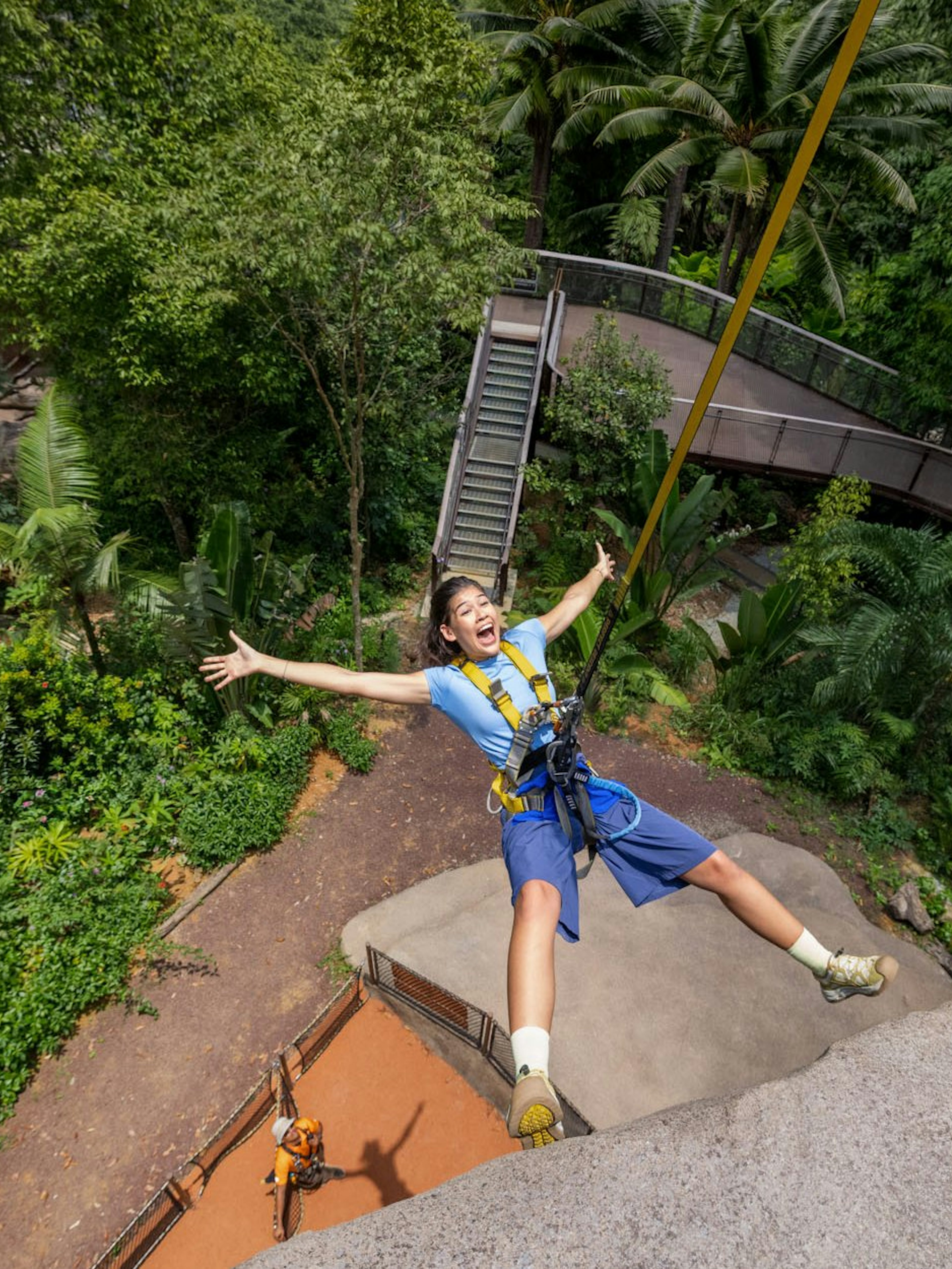 Person ziplining over lush greenery at Split Rock Summit, Rainforest Wild Adventure.