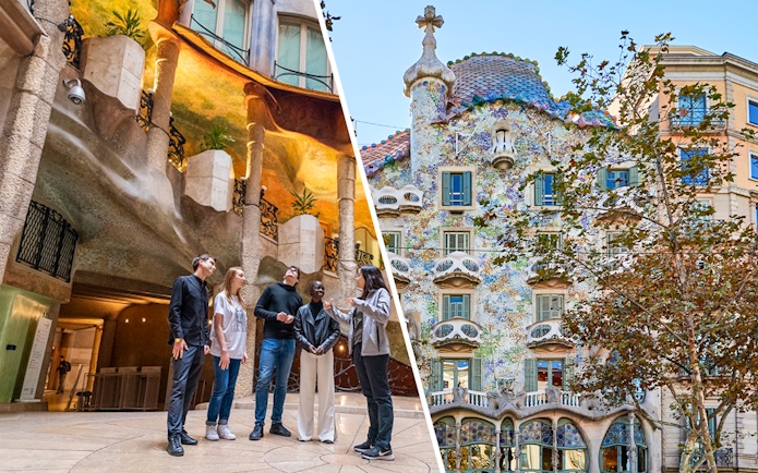Casa Milà interior tour group and Casa Batlló facade in Barcelona.