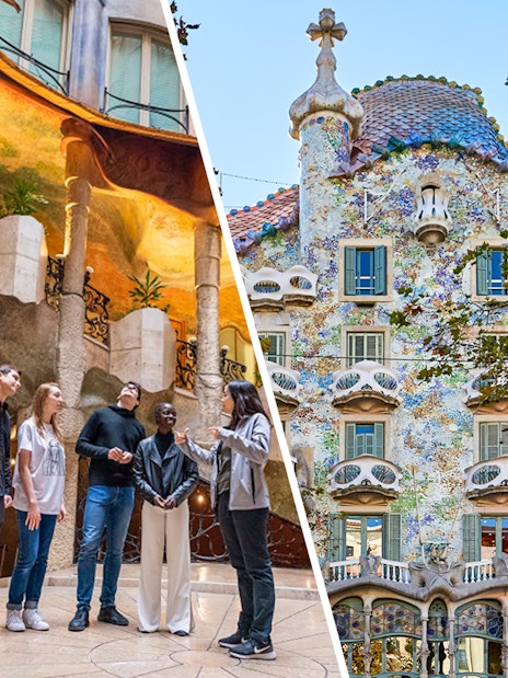Casa Milà interior tour group and Casa Batlló facade in Barcelona.
