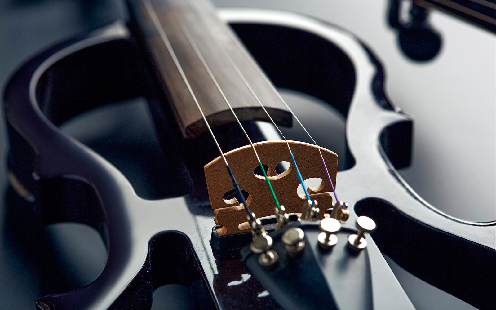 Modern electric violin close-up with strings and bridge.