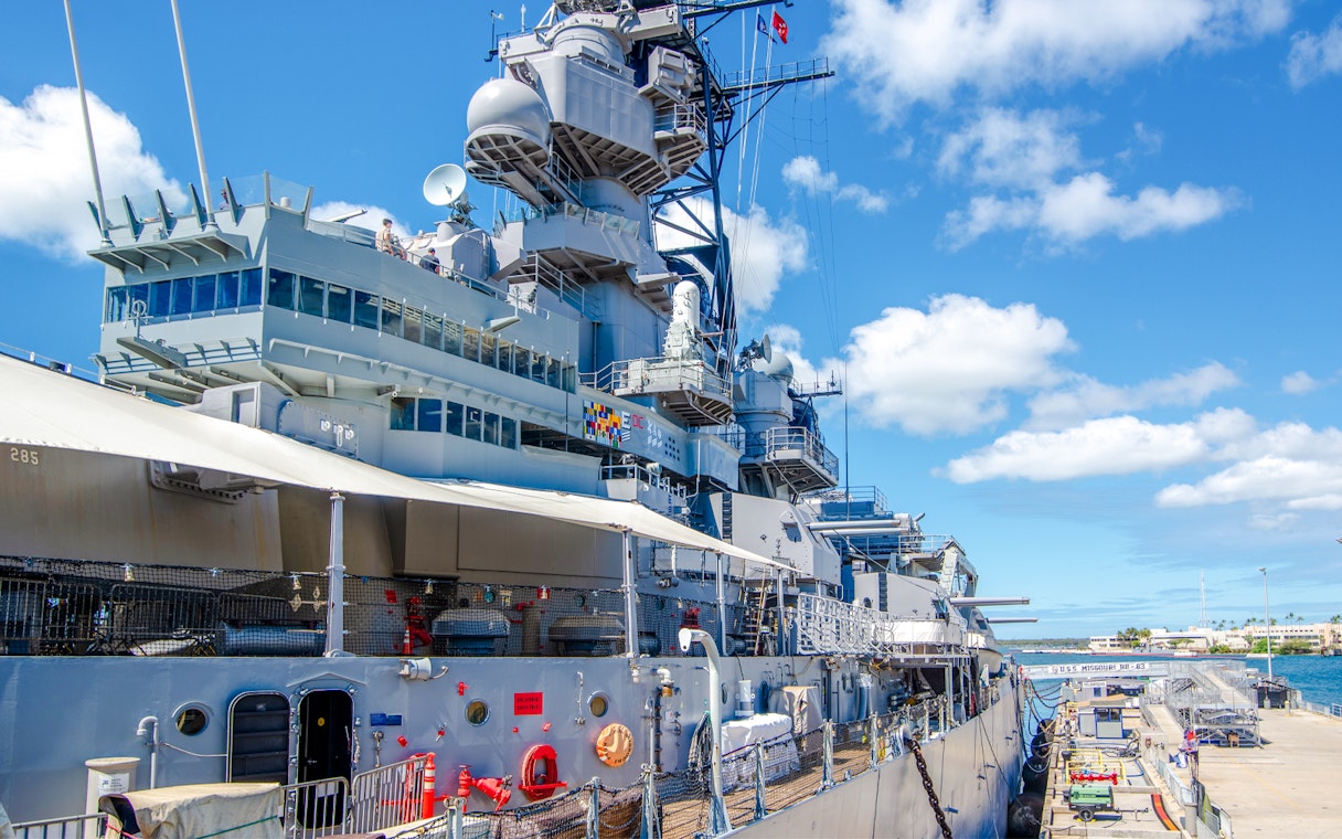 USS Missouri Battleship docked at Pearl Harbor Memorial, Hawaii.