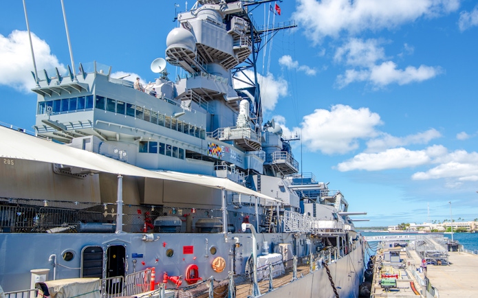 USS Missouri Battleship docked at Pearl Harbor Memorial, Hawaii.