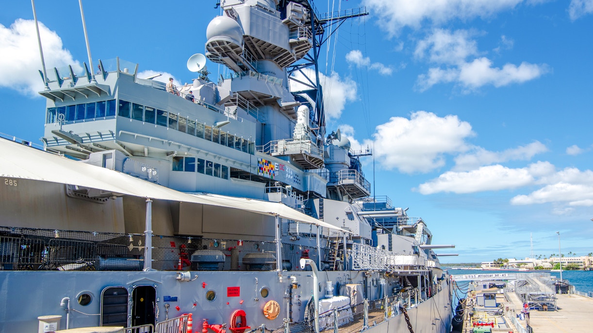 USS Missouri Battleship docked at Pearl Harbor Memorial, Hawaii.