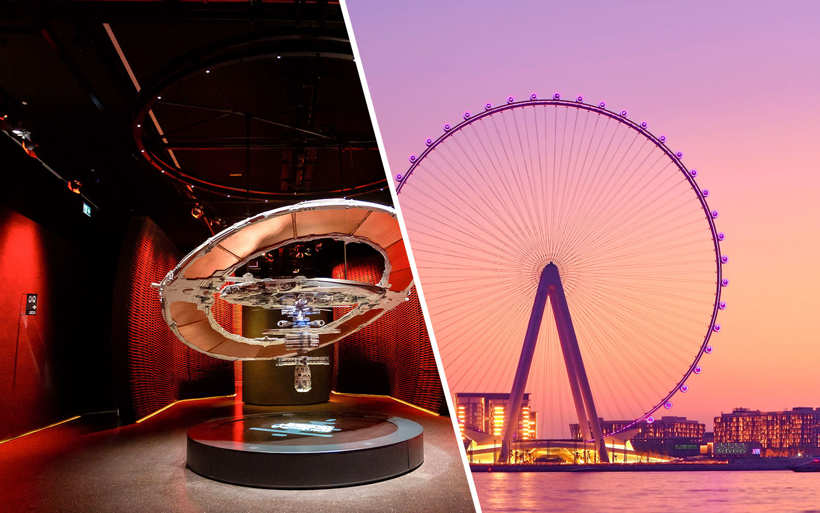 Ain Dubai Ferris wheel at sunset with vibrant sky and cityscape.