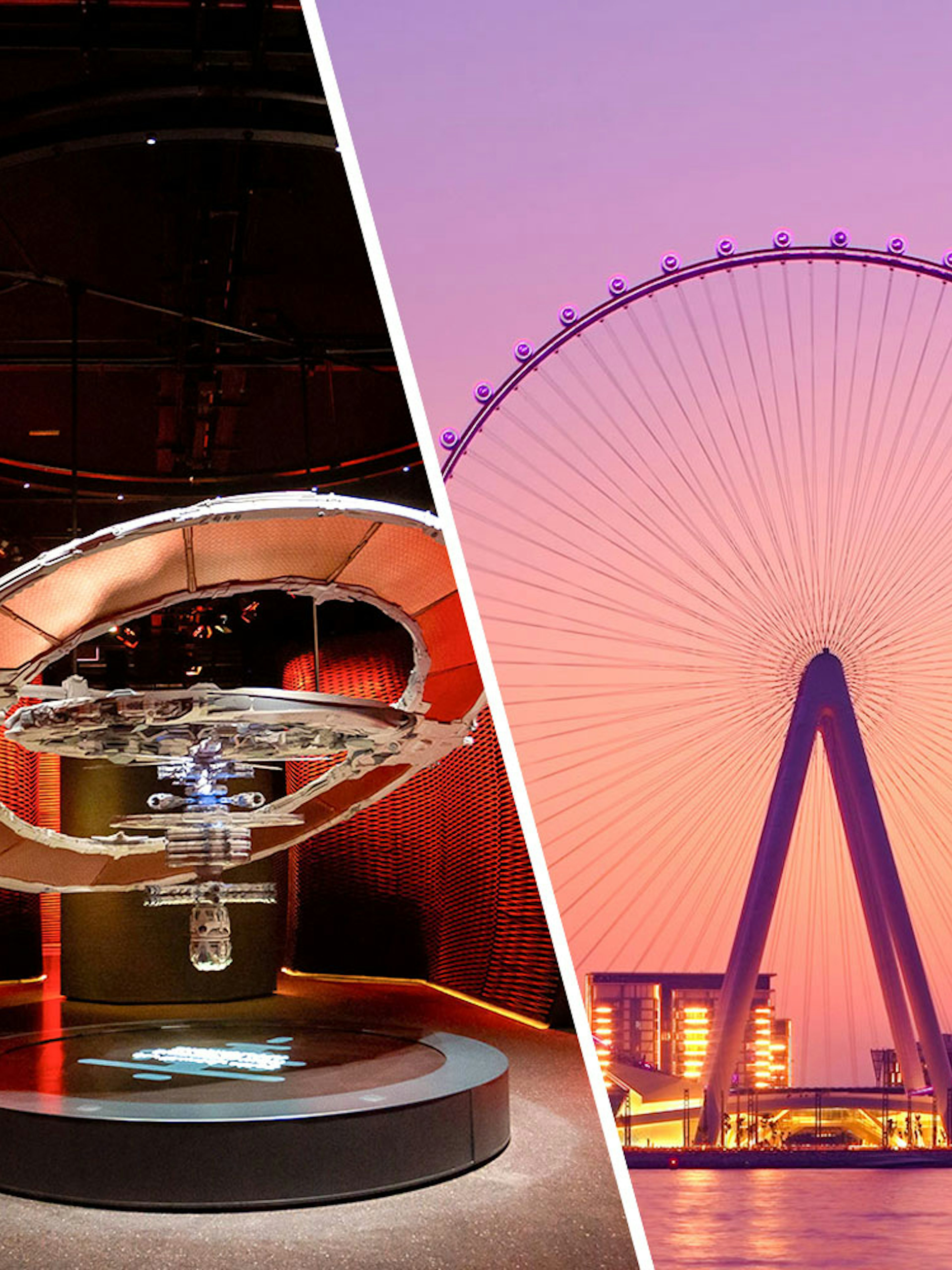 Ain Dubai Ferris wheel at sunset with vibrant sky and cityscape.