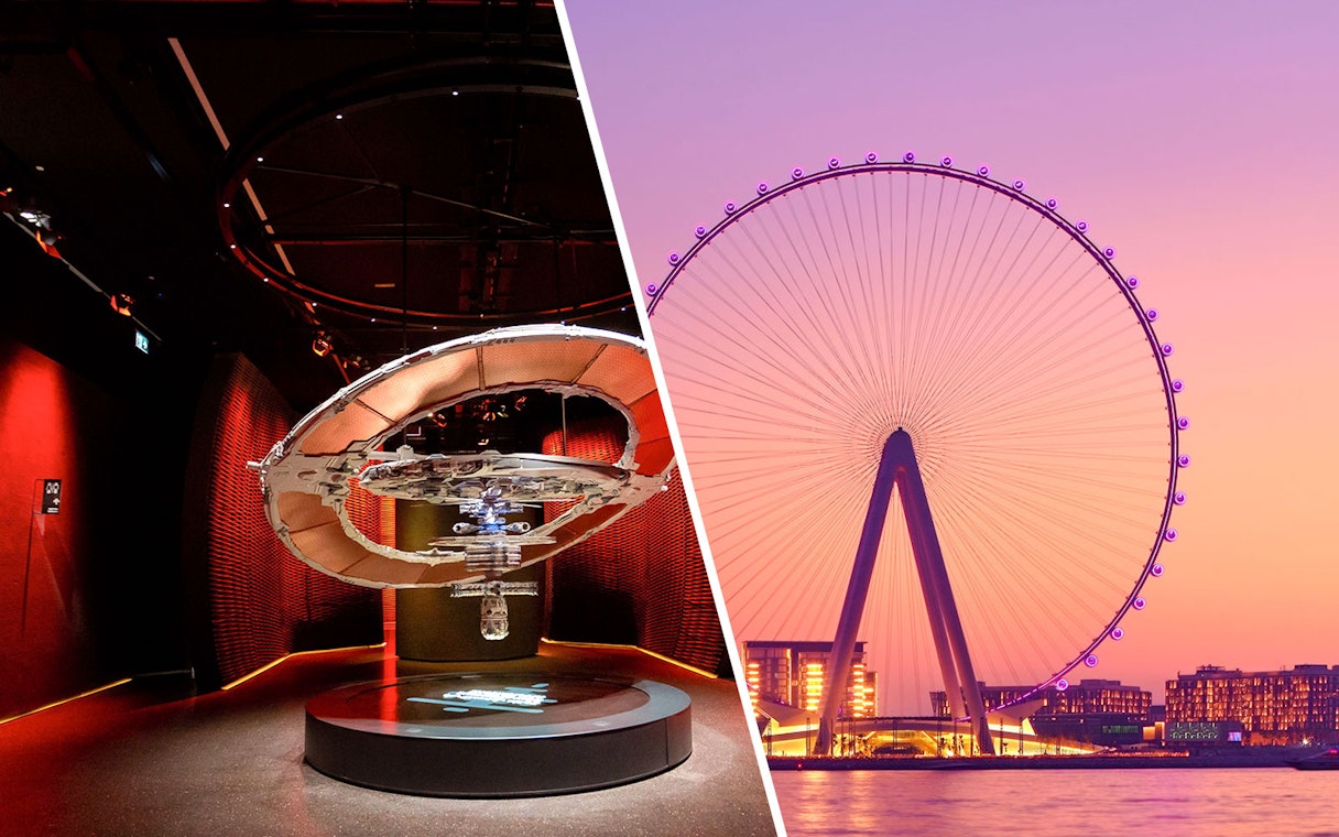 Ain Dubai Ferris wheel at sunset with vibrant sky and cityscape.