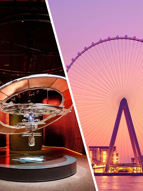 Ain Dubai Ferris wheel at sunset with vibrant sky and cityscape.