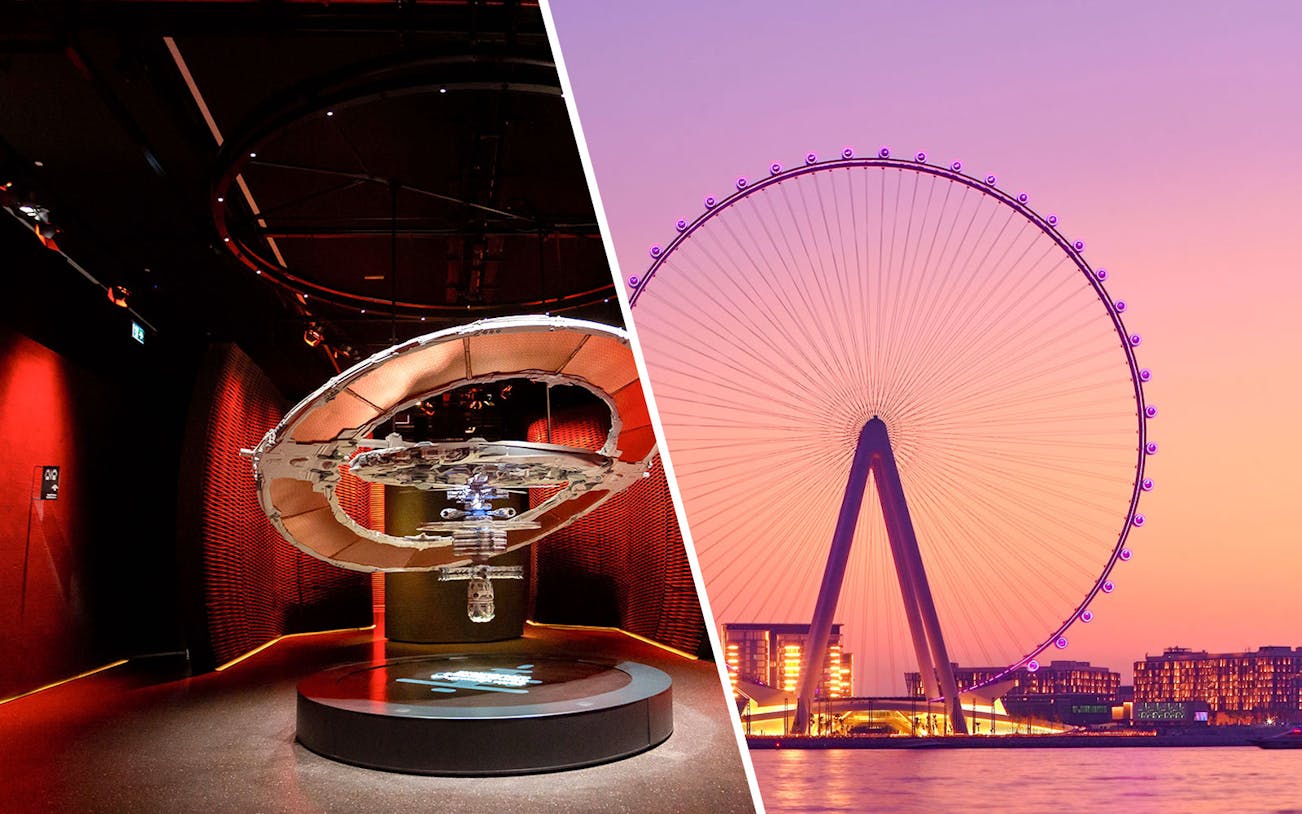 Ain Dubai Ferris wheel at sunset with vibrant sky and cityscape.