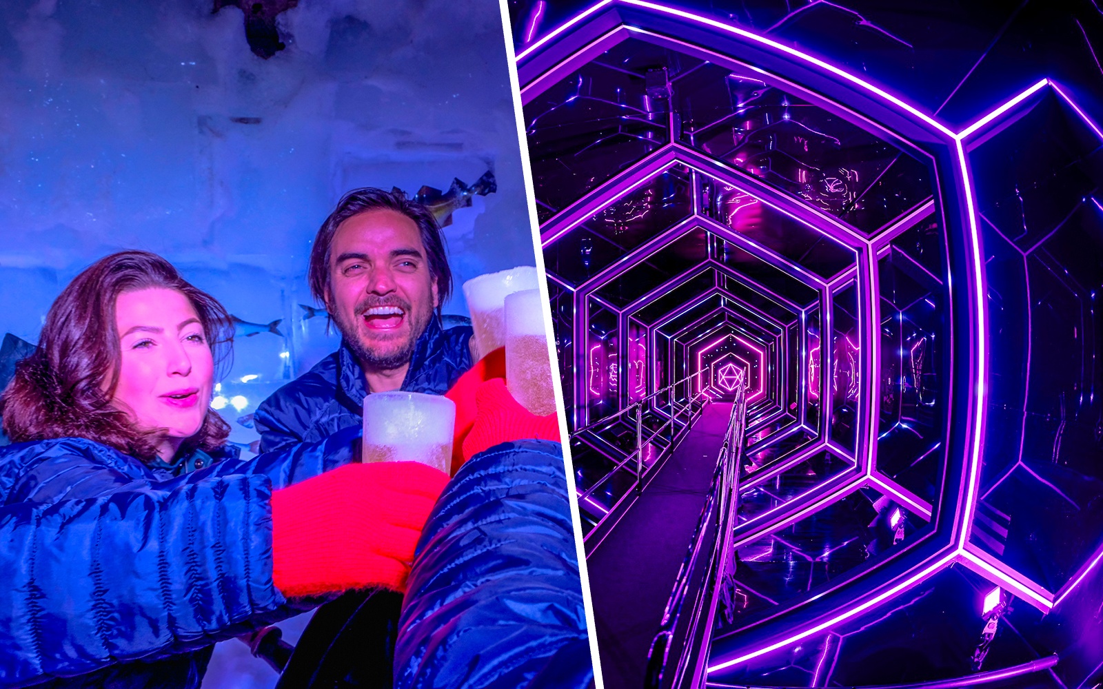 Guests enjoying drinks at Xtracold Icebar and neon-lit tunnel at Inside Amaze Amsterdam.