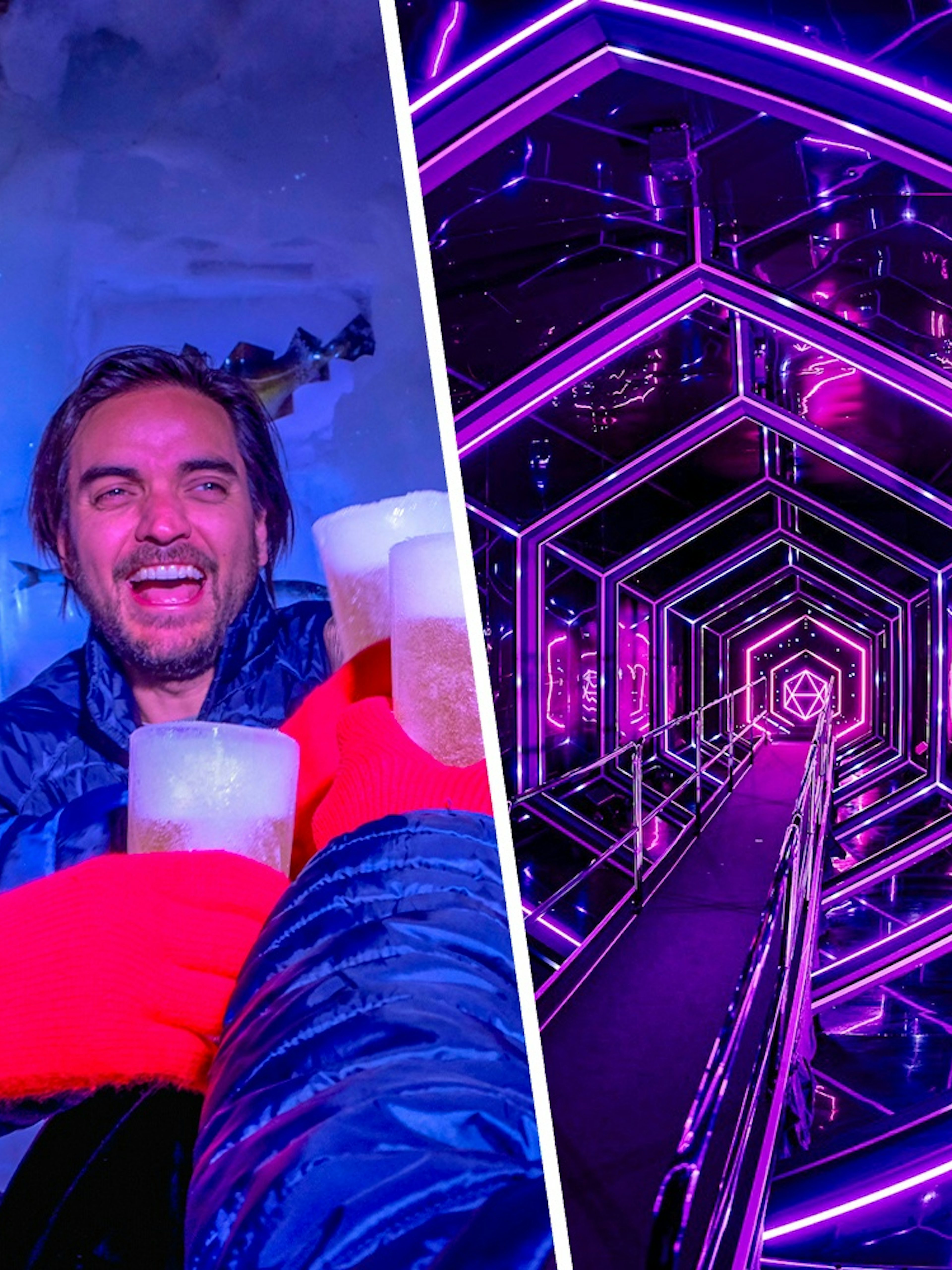 Guests enjoying drinks at Xtracold Icebar and neon-lit tunnel at Inside Amaze Amsterdam.