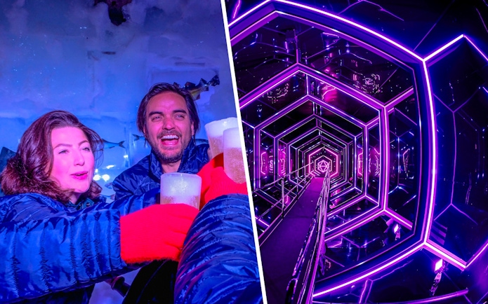 Guests enjoying drinks at Xtracold Icebar and neon-lit tunnel at Inside Amaze Amsterdam.