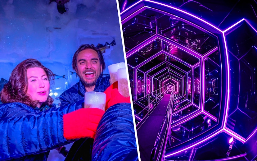 Guests enjoying drinks at Xtracold Icebar and neon-lit tunnel at Inside Amaze Amsterdam.