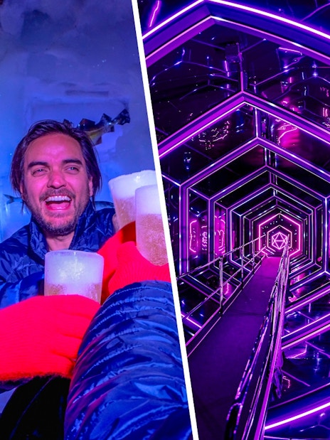 Guests enjoying drinks at Xtracold Icebar and neon-lit tunnel at Inside Amaze Amsterdam.