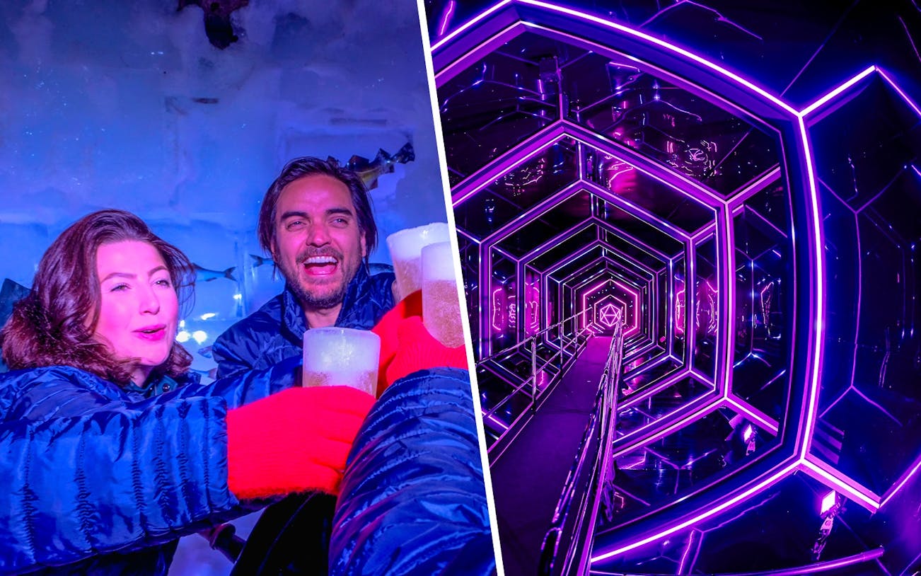 Guests enjoying drinks at Xtracold Icebar and neon-lit tunnel at Inside Amaze Amsterdam.