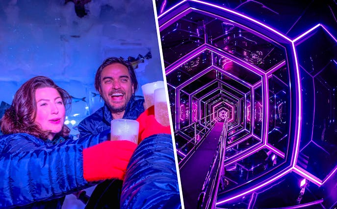 Guests enjoying drinks at Xtracold Icebar and neon-lit tunnel at Inside Amaze Amsterdam.