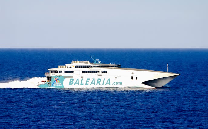 High-speed catamaran ferry traveling to Bimini across the ocean.