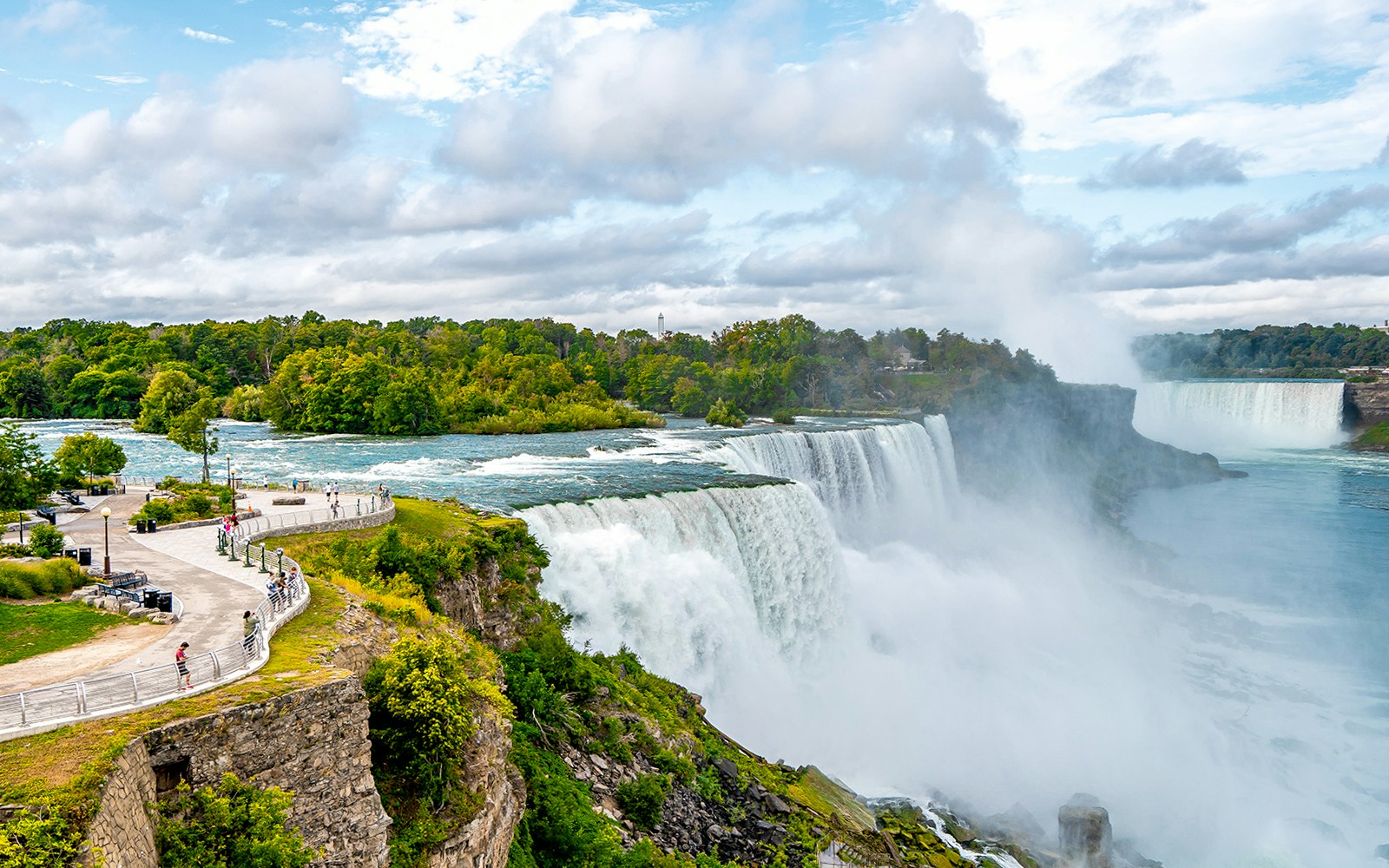 Niagara Falls USA side with tourists on observation deck.