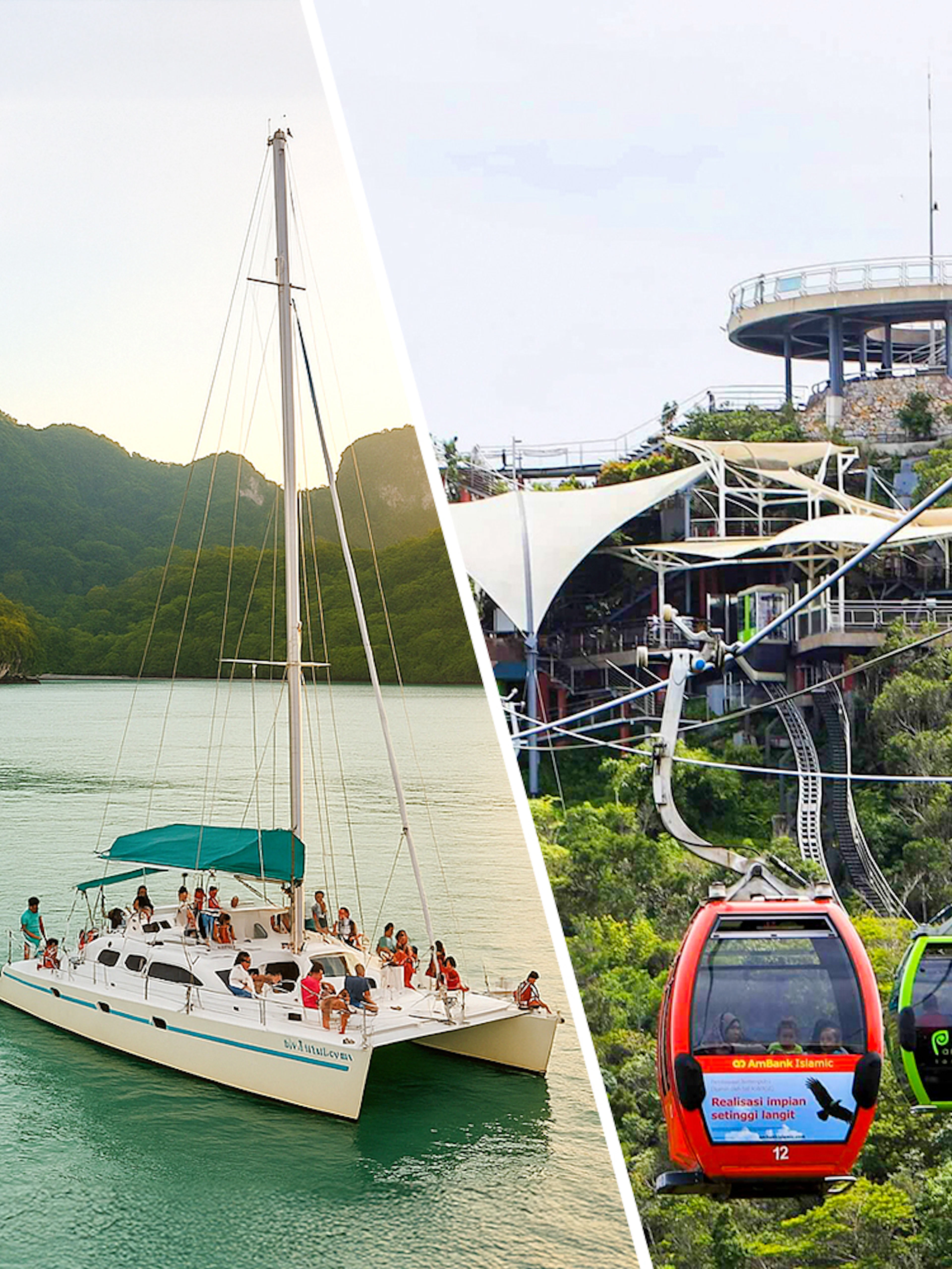 People enjoying a Langkawi sunset dinner cruise on a catamaran with lush hills in the background.