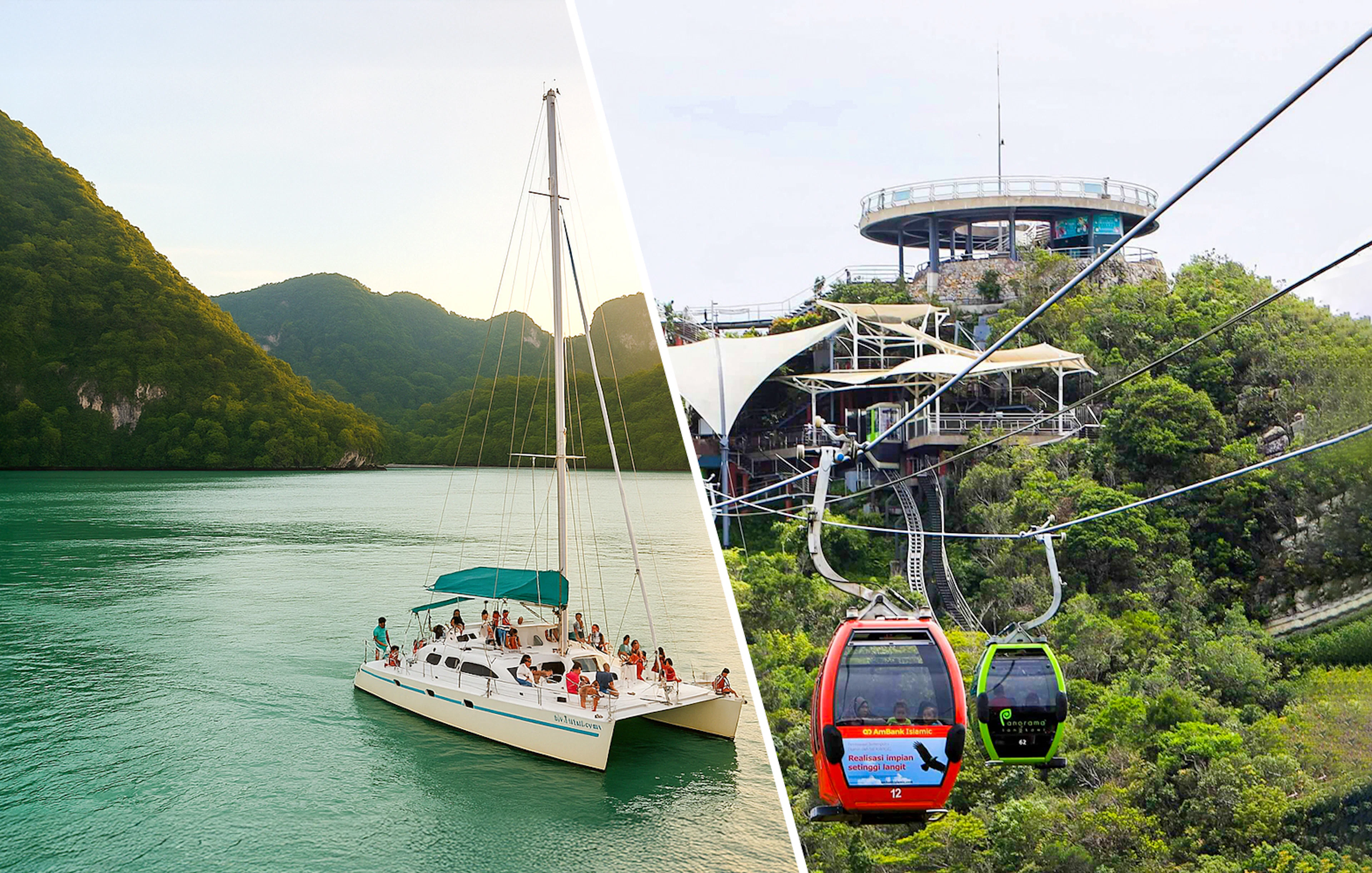 People enjoying a Langkawi sunset dinner cruise on a catamaran with lush hills in the background.