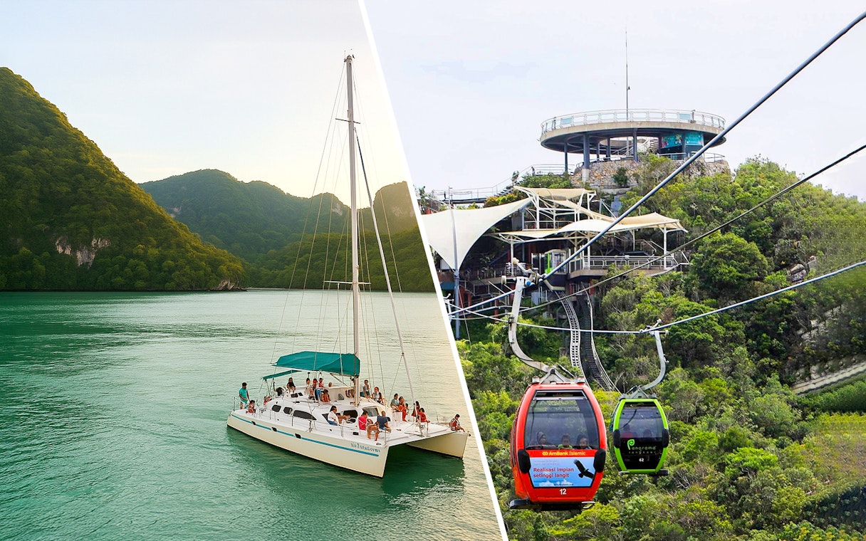 People enjoying a Langkawi sunset dinner cruise on a catamaran with lush hills in the background.