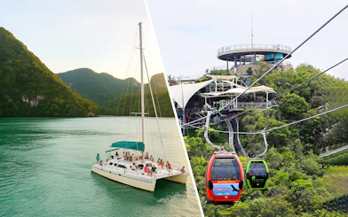 People enjoying a Langkawi sunset dinner cruise on a catamaran with lush hills in the background.