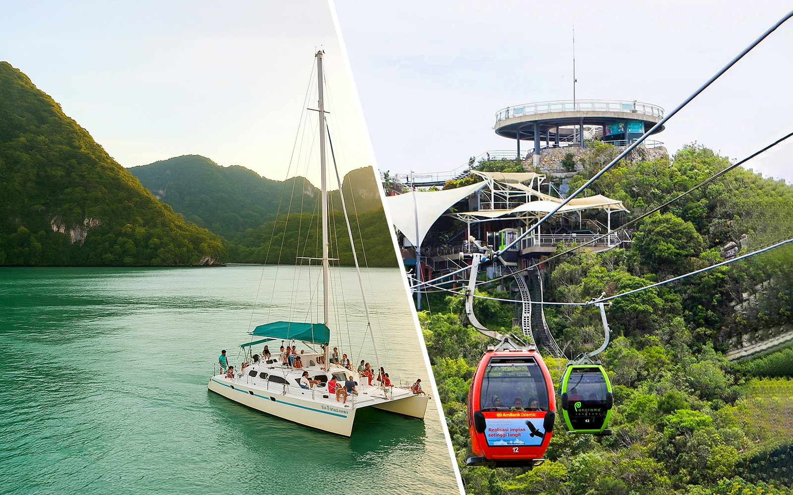 People enjoying a Langkawi sunset dinner cruise on a boat with a scenic ocean view.