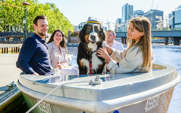 Group with a dog on a self-drive picnic cruise on Yarra River, Melbourne.