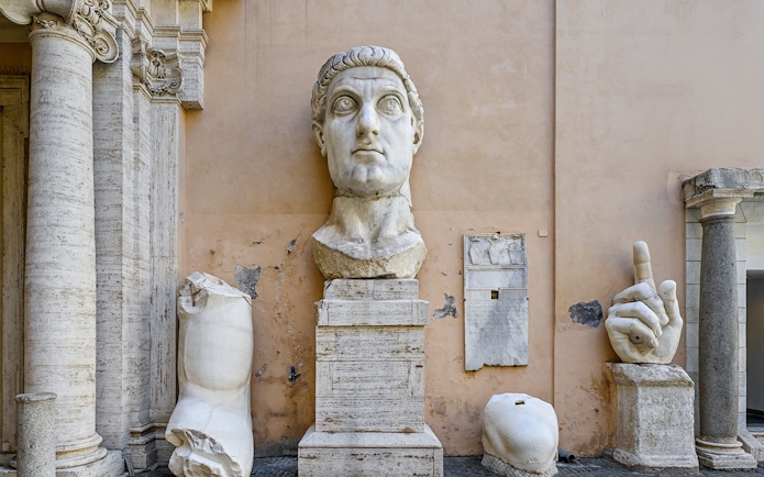 Sculpture fragments of Constantine at Capitoline Museum, Rome, including head and hand.