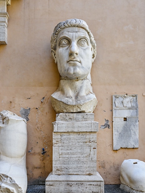Sculpture fragments of Constantine at Capitoline Museum, Rome, including head and hand.