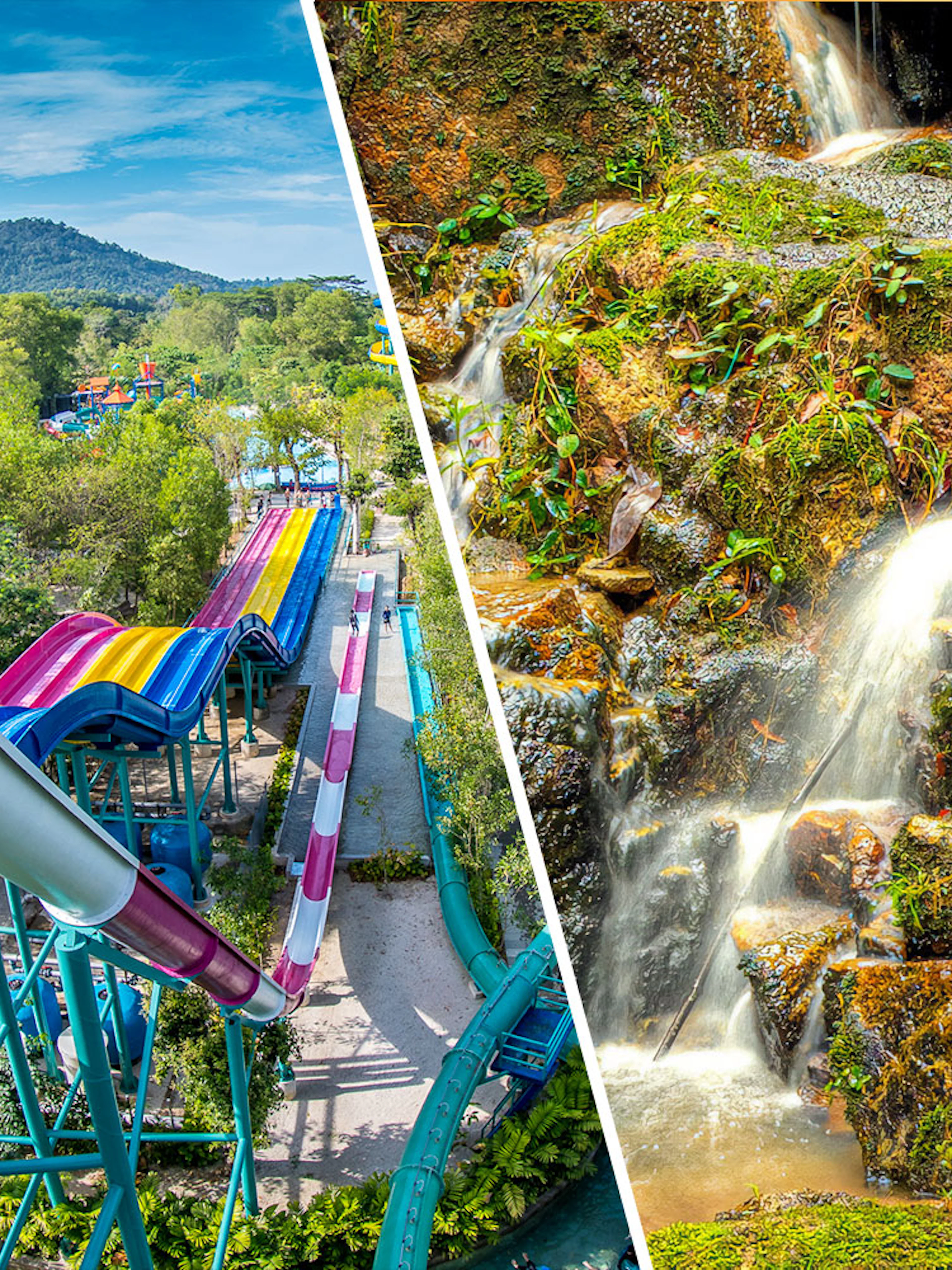 Water slides at ESCAPE Penang and waterfall at Tropical Spice Garden, Malaysia.