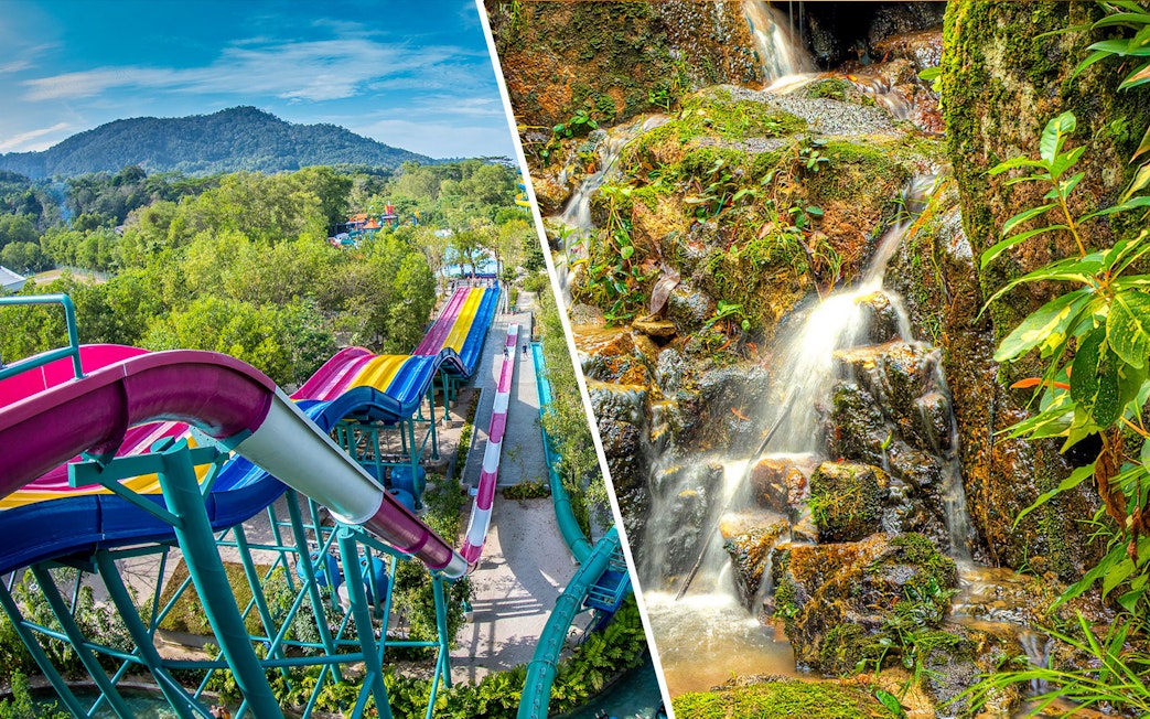 Water slides at ESCAPE Penang and waterfall at Tropical Spice Garden, Malaysia.