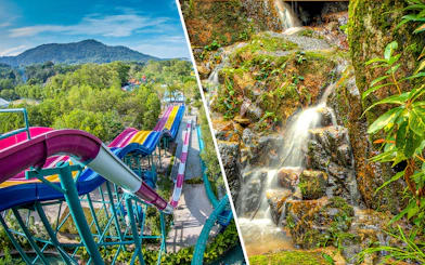Water slides at ESCAPE Penang and waterfall at Tropical Spice Garden, Malaysia.