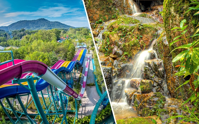 Water slides at ESCAPE Penang and waterfall at Tropical Spice Garden, Malaysia.