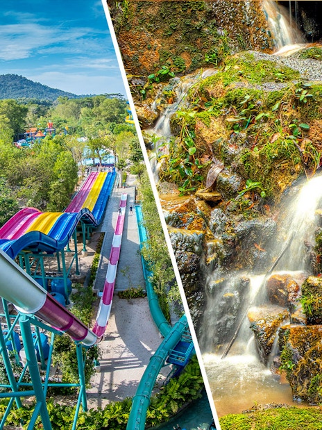 Water slides at ESCAPE Penang and waterfall at Tropical Spice Garden, Malaysia.