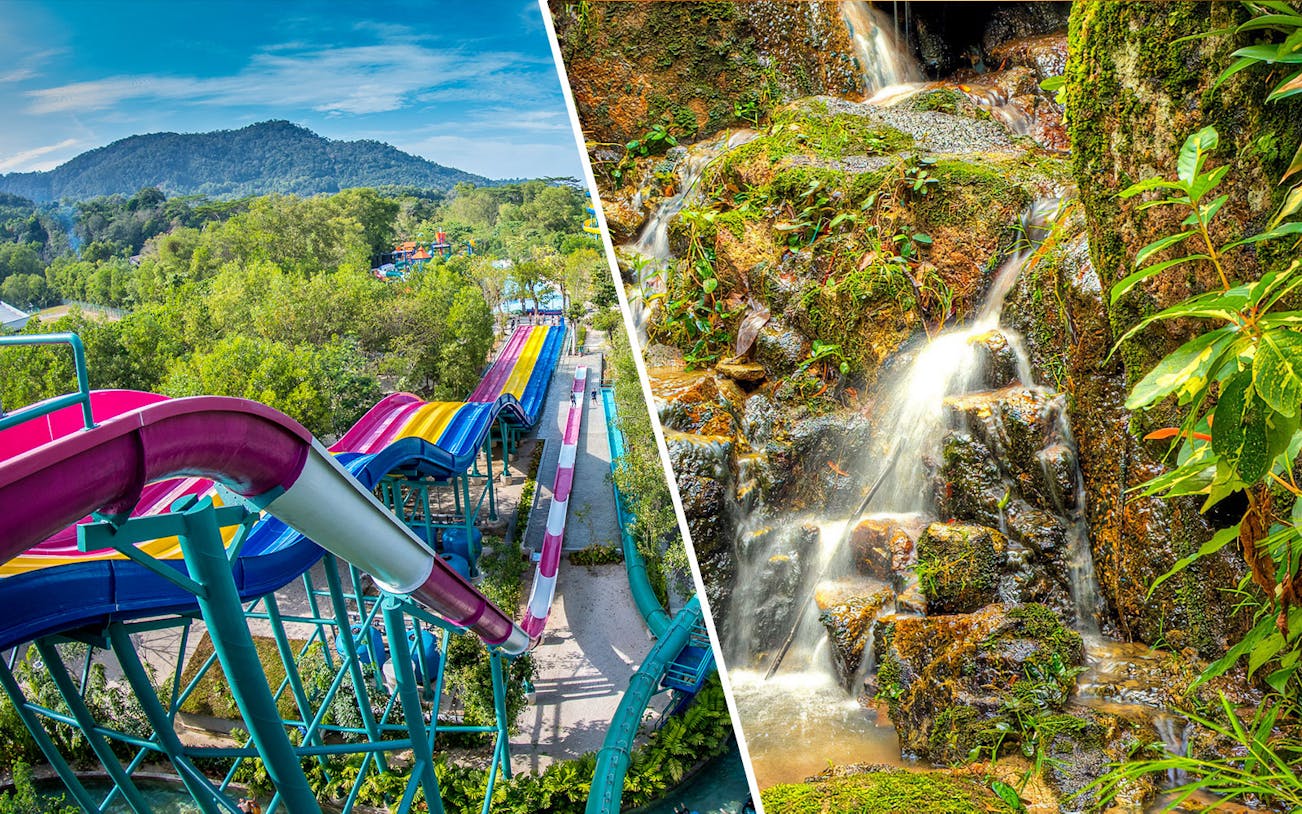 Water slides at ESCAPE Penang and waterfall at Tropical Spice Garden, Malaysia.