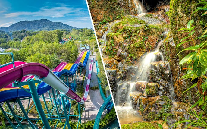Water slides at ESCAPE Penang and waterfall at Tropical Spice Garden, Malaysia.